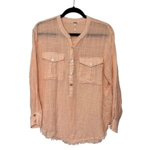 Free People Women's Tunic Talk to Me Gauzy Frayed Hem Peach Small